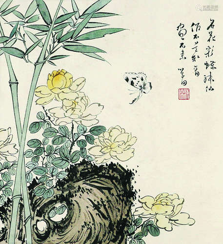 溥心畬 花蝶图 立轴 纸本