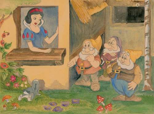 Snow White, Doc, Grumpy, and Happy concept drawing by