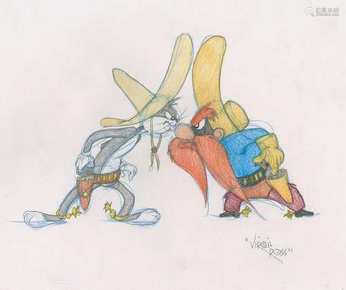 Bugs Bunny and Yosemite Sam drawing by Virgil Ross