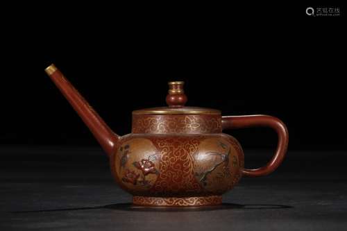 A Chinese Purple Sand Tea Pot of Flower & Bird Patterns