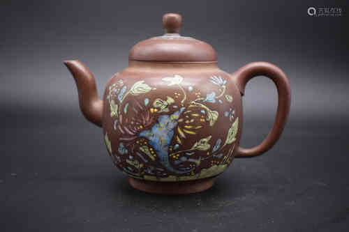 A Yixing Clay Teapot of Floral Decoration