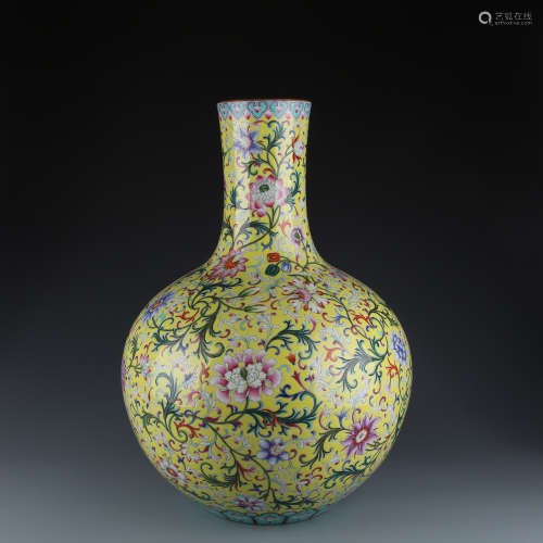 A Yellow Ground Famille Rose Lotus Tianqiu Vase