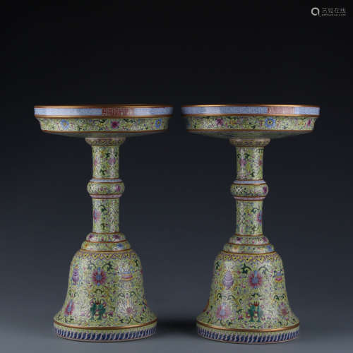 A Pair of Chinese Green Ground Famille Rose Porcelain Candle Holders