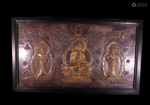 A Chinese Silver Plaque of Buddha Decoration with Wooden Frame