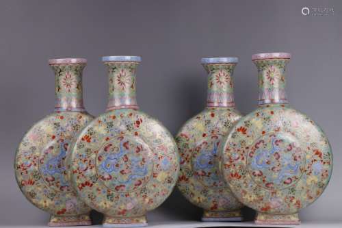 A Pair of Chinese Yangcai Porcelain Double Vase of Dragon Decoration