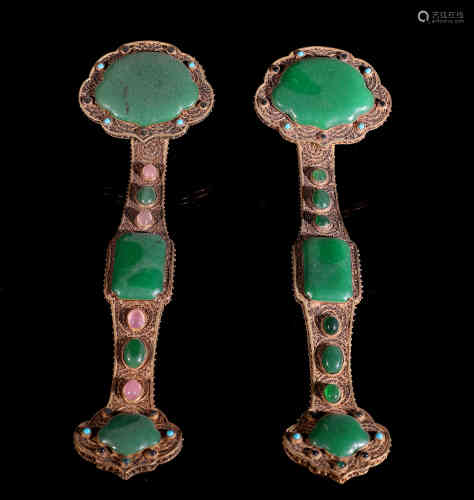 A Pair of Chinese Silver Ruyis Embedded with Gem