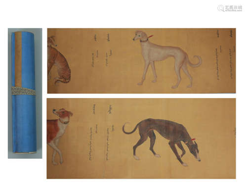A Chinese Painting Scroll of Hounds Collection, Langshining Mark