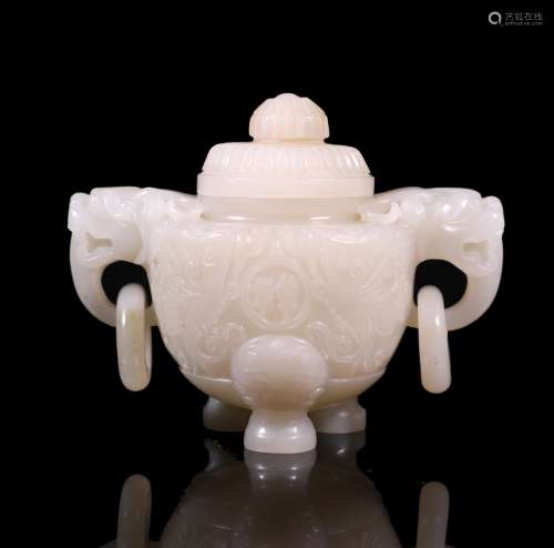 A Chinese Carved Jade Censer with Sculpted Phoenix Patterns and Two Dragon Ears