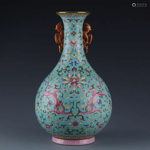 A Chinese Turquoise Blue Ground Famille Rose Porcelain Vase