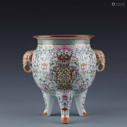 A Chinese Famille Rose Porcelain Tripod Incense Burner