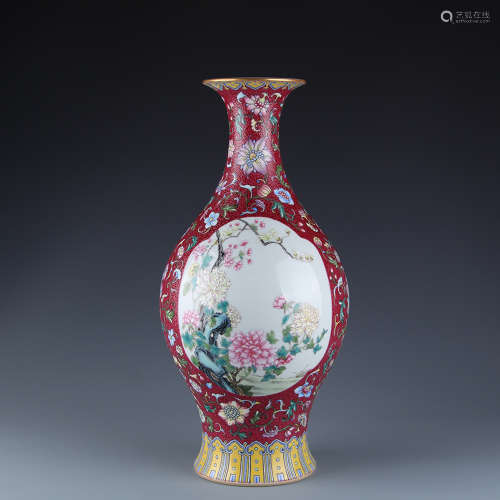 A Chinese Red Ground Famille Rose Porcelain Vase of Bird and Floral