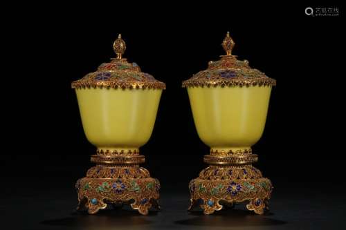 A Pair of Chinese Yellow Ground Glazed Porcelain Cups
