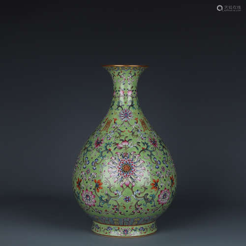 A Chinese Green Ground Famille Rose Porcelain Yuhuchun Vase