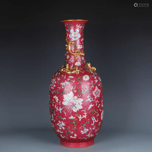 A Chinese Red Ground Famille Rose Porcelain Vase