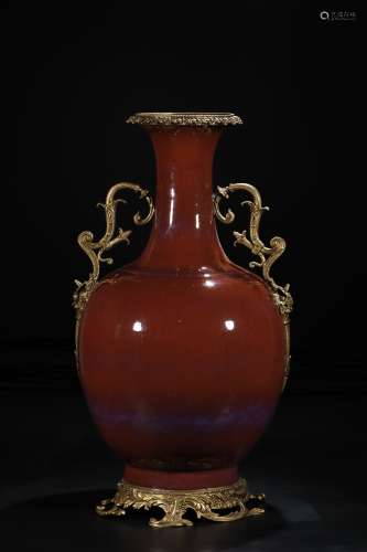A Chinese Red Glazed Porcelain Vase Inlaid with Copper