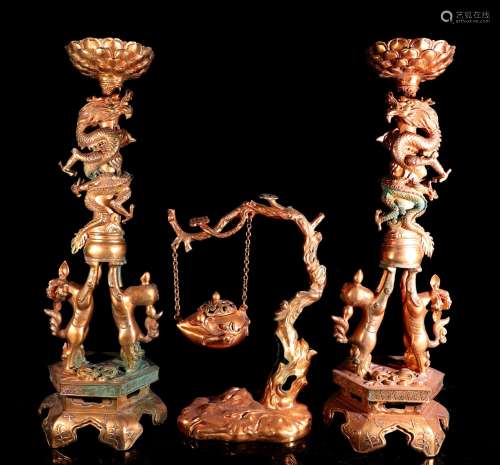 A Set of Bronze Candleholder and Incense Burner
