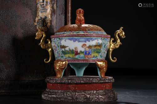 A Chinese Turquoise Blue Ground Famille Rose Porcelain Incense Burner