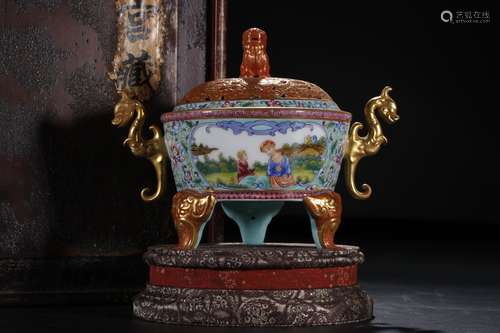 A Chinese Turquoise Blue Ground Famille Rose Porcelain Incense Burner