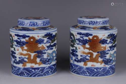 A Pair of Chinese Blue and White Doucai Porcelain Jar with Cover
