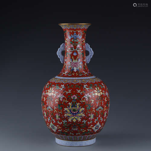 A Chinese Red Ground Glazed Yangcai Vase