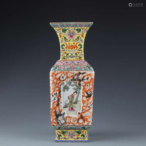 A Chinese Famille Rose Porcelain Squared Vase