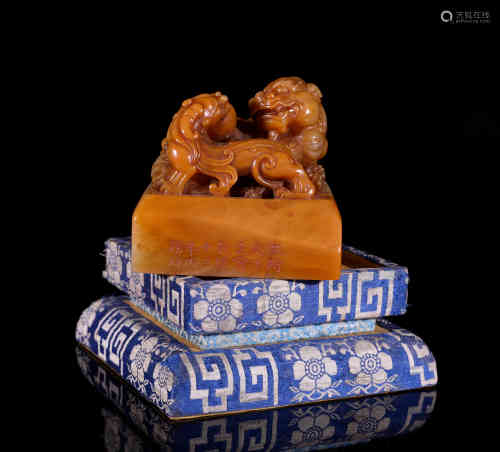 A Chinese Carved Tianhuang Seal of Qilin Playing with the Bead Decoration