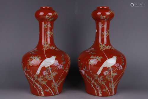 A Pair of Chinese Coral-Red Glazed Porcelain Vases