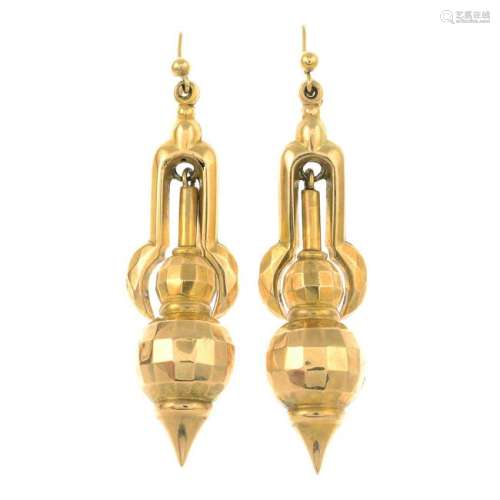A pair of late Victorian gold earrings.Length 6.5cms.