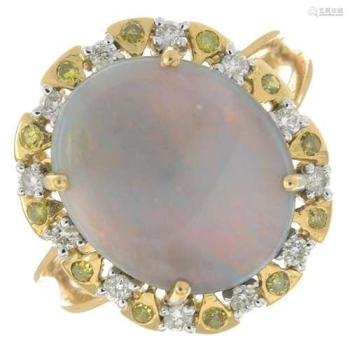 An 18ct gold opal, diamond and 'coloured' diamond