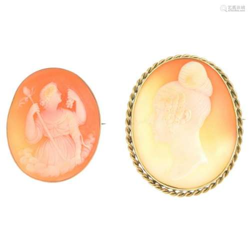Two late 19th century gold shell cameo brooches.One may