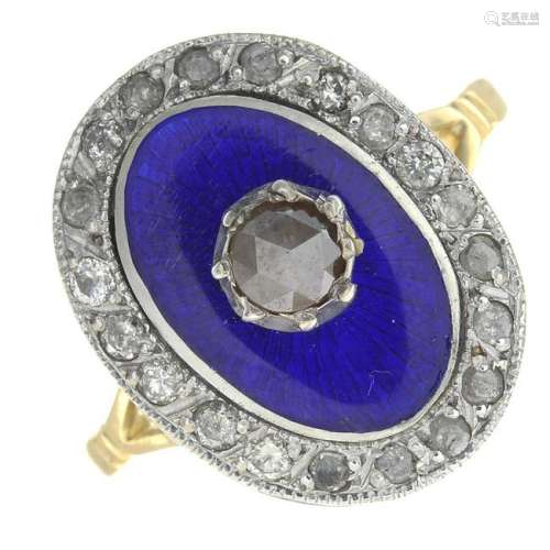 A blue enamel and diamond ring.Estimated non-principal