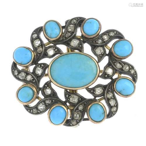 A turquoise and diamond brooch.Estimated total diamond