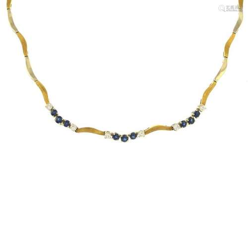 A sapphire and diamond bi-colour necklace.Estimated