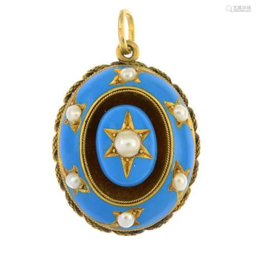 A late 19th century gold blue enamel and split pearl