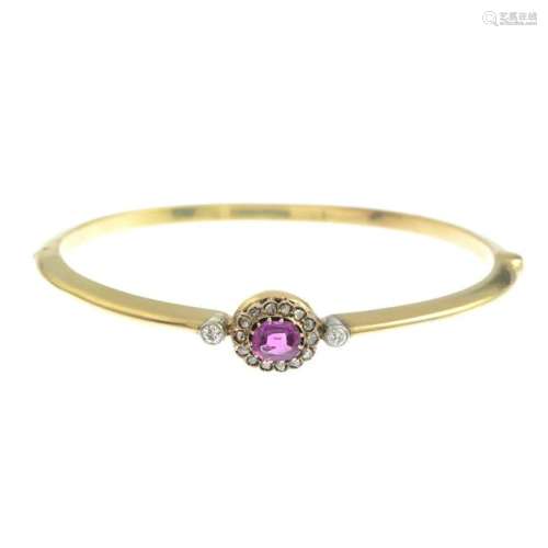 A pink sapphire and rose-cut diamond cluster bangle,