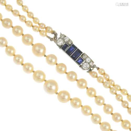An Art Deco cultured pearl two-row necklace, with