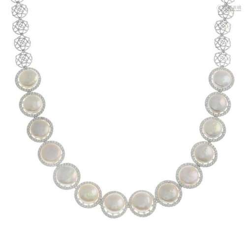 A mabe pearl and diamond necklace.Approximate
