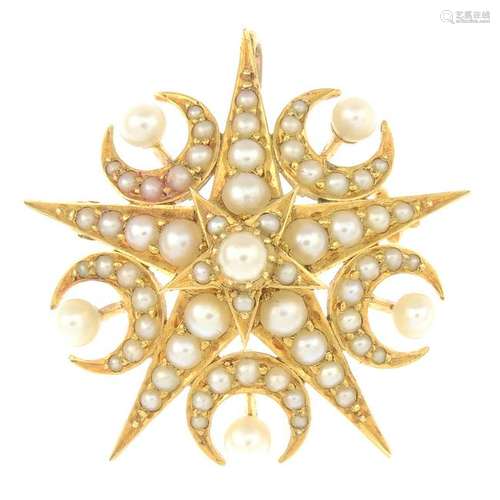 A late Victorian gold split pearl brooch.Length 2.7cms.