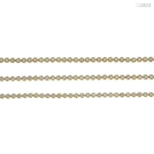 Three 18ct gold diamond line bracelets.Estimated total