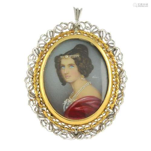 A painted portrait miniature brooch. May be worn as a