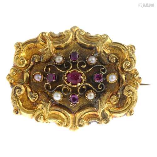 A late 19th century gold ruby and split pearl