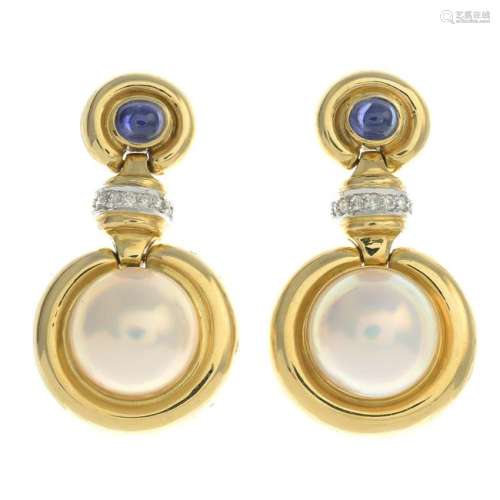 A pair of mabe pearl, sapphire and diamond