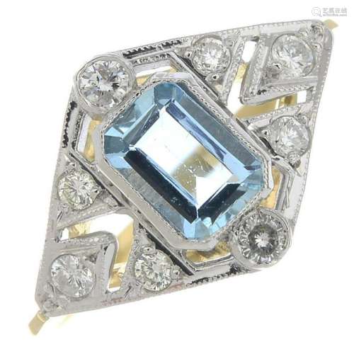 An aquamarine and diamond dress ring.Estimated total