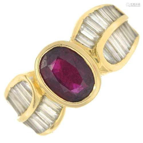 A ruby and diamond ring.Ruby calculated weight 1.20cts,