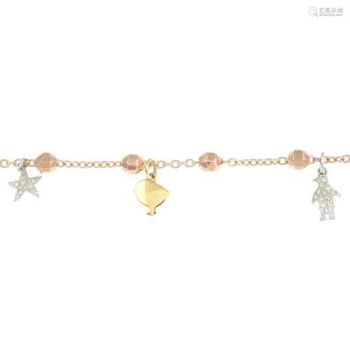 A charm bracelet, suspending three charms, by