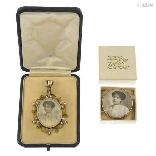 An Edwardian 9ct gold split pearl portrait pendant, a