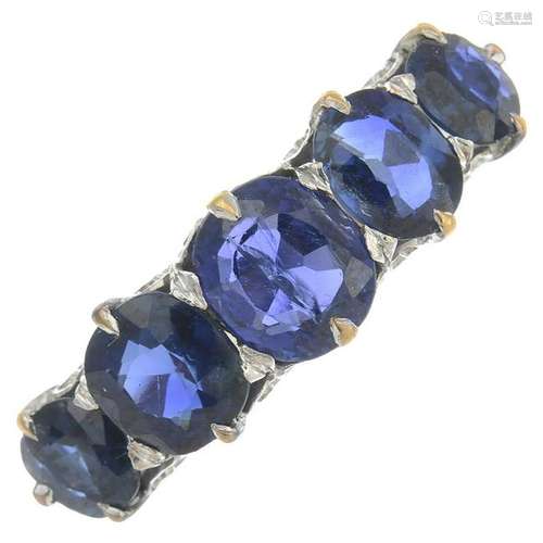 A sapphire five-stone ring.Ring size P. 3.6gms.