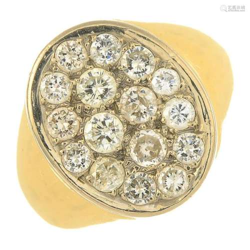 A 1970s 18ct gold diamond signet ring.Estimated total