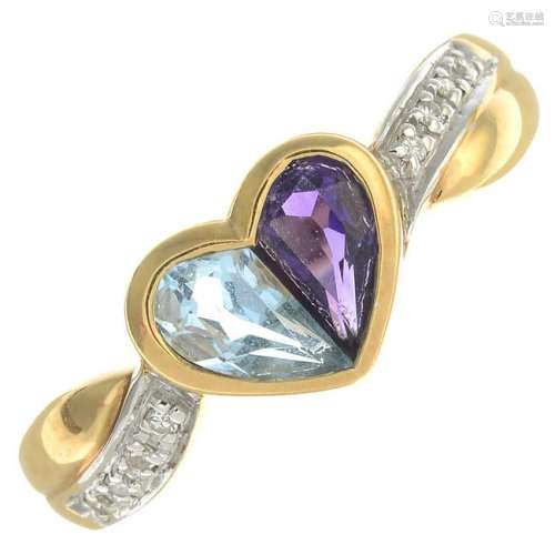 An 18ct gold topaz and amethyst heart-shape ring, with