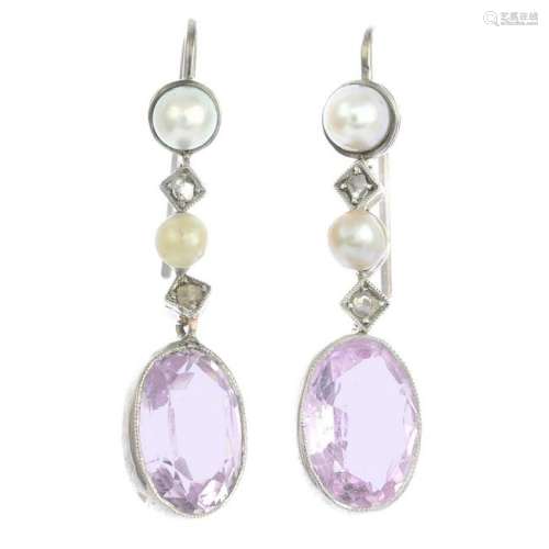 A pair of pink topaz, pearl and rose-cut diamond drop